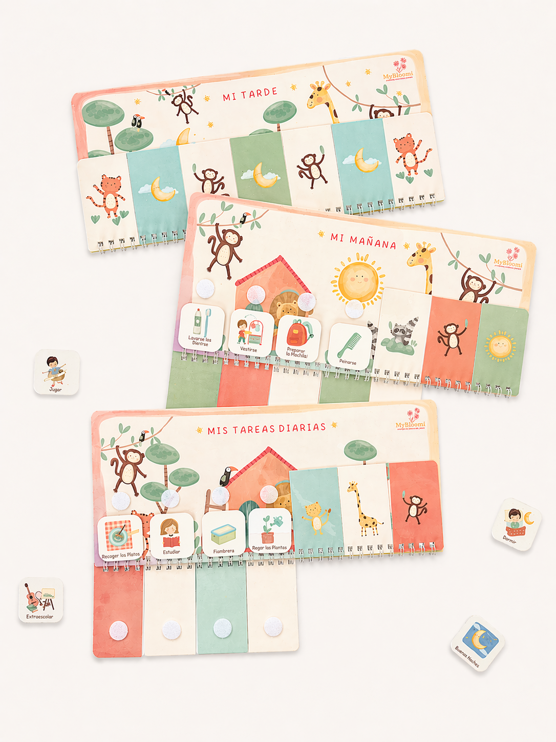 Niño utilizando planificador visual de rutinas Montessori con tarjetas de animales
