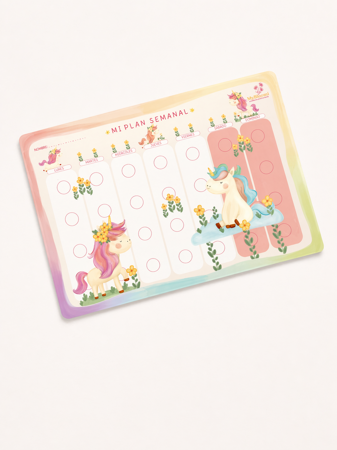 Planificador semanal infantil Montessori con diseño de unicornio y rutinas visuales para niños