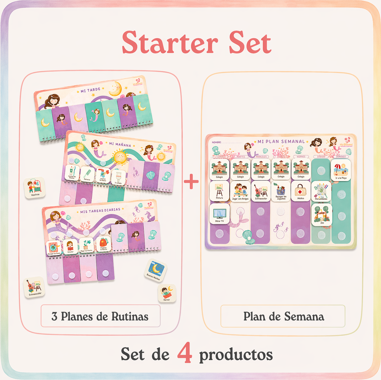 Planificador de rutinas Montessori para niños con diseño suave Serenita y tarjetas visuales