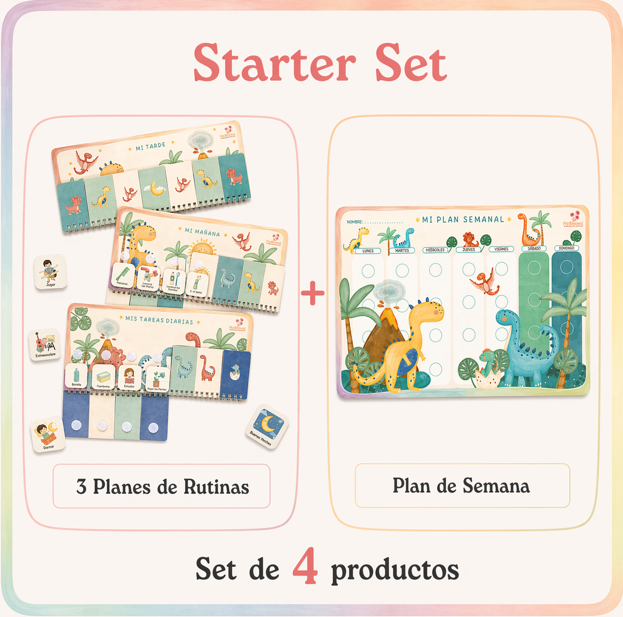 Planificador de rutinas Montessori para niños con diseño de dinosaurios y tarjetas visuales