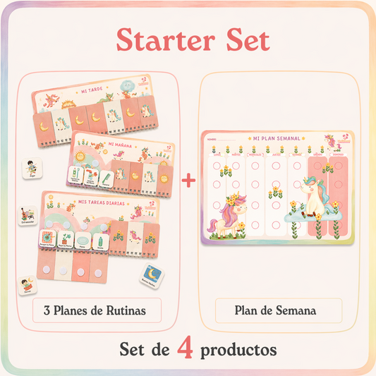 Planificador de rutinas Montessori para niños con diseño de unicornio y tarjetas visuales