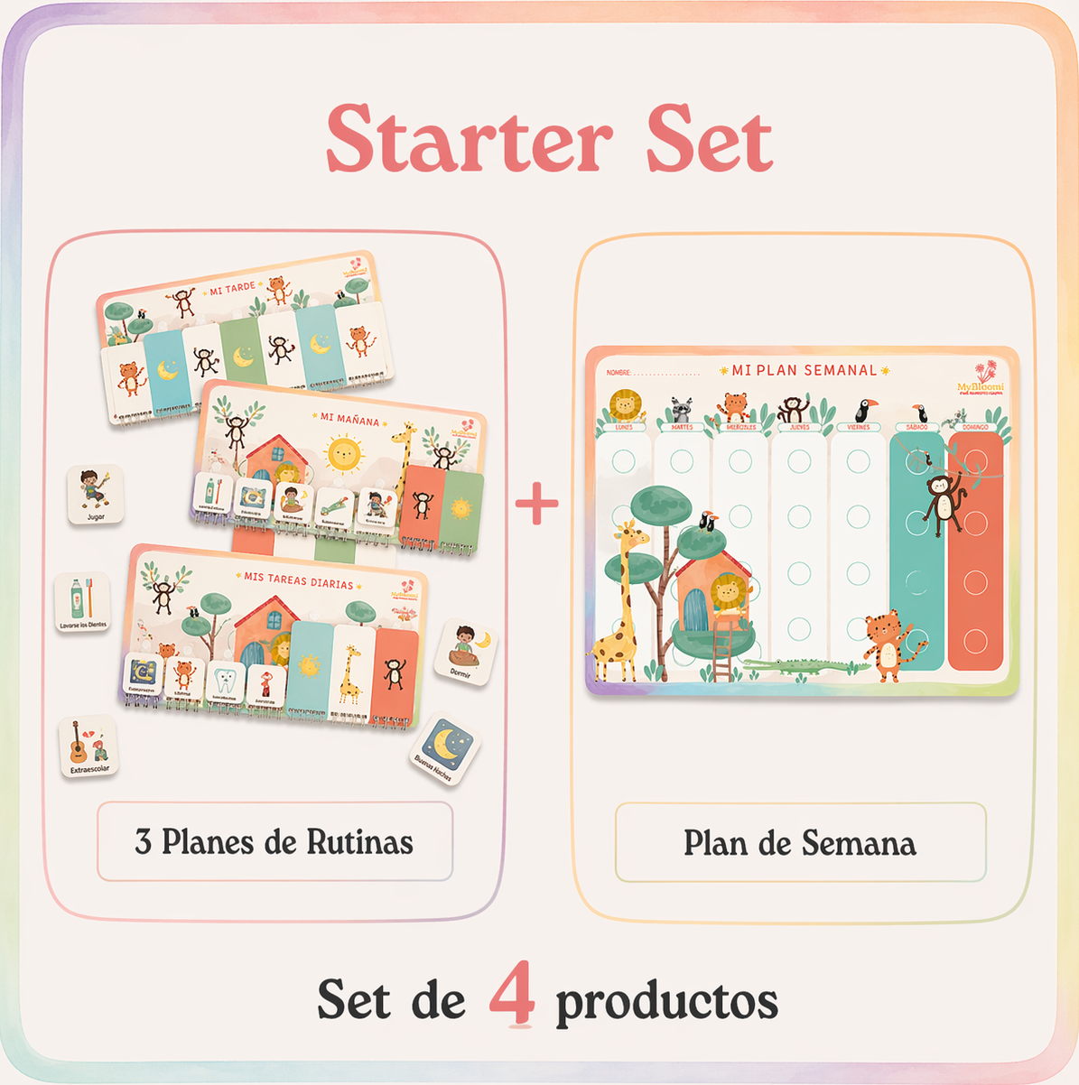 Planificador de rutinas visual Montessori para niños con diseño de animales