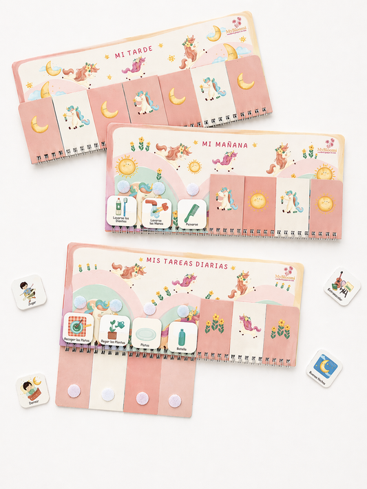 Planificador de rutinas visual Montessori para niños con diseño de unicornio